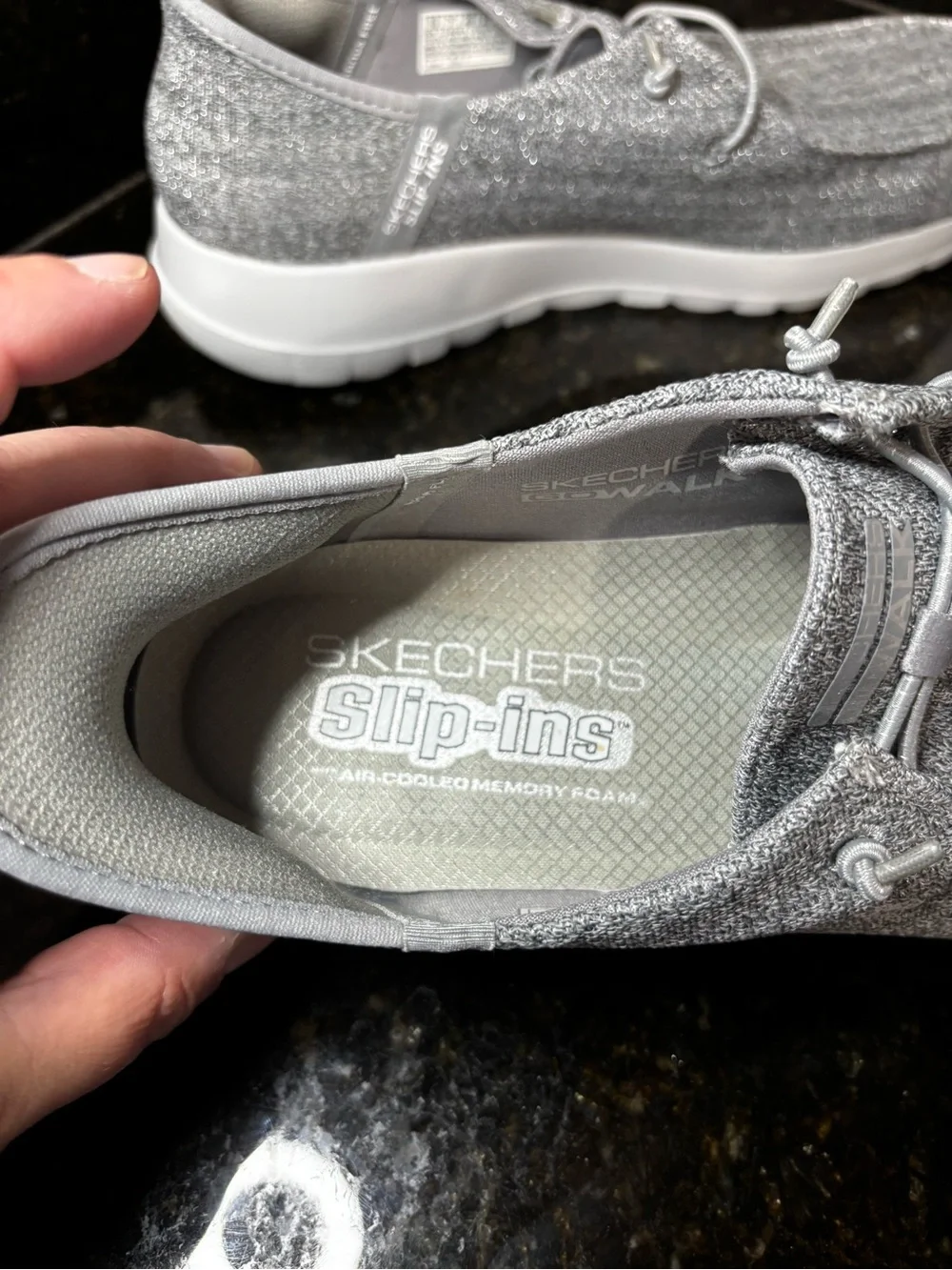 SKECHERS GOWALK Slip Ins Women’s Sparkly Gray Casual Sneakers